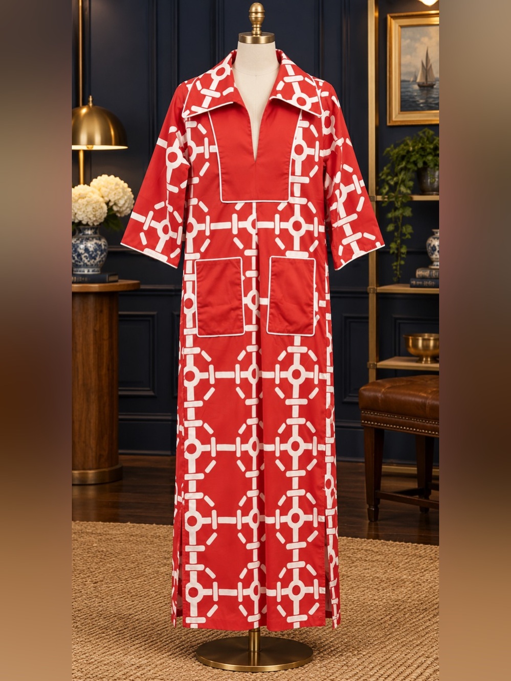 House of MBR Red Cassidy lattice Geometric Cotton Caftan Dress NWT $335